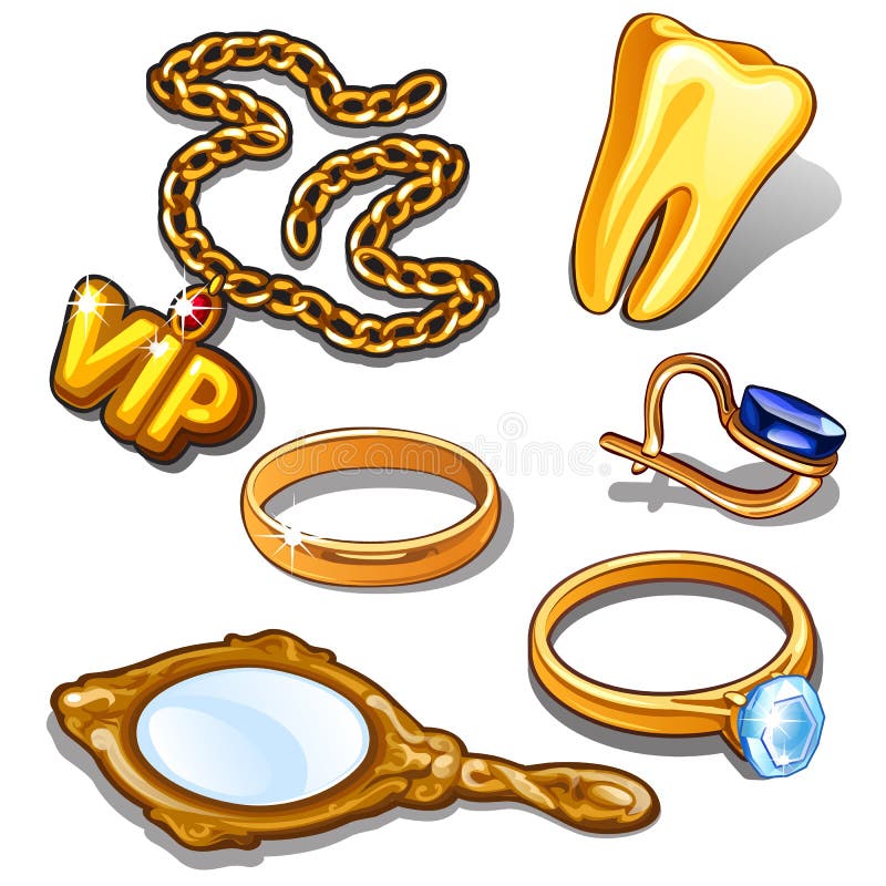 Gouden attributen van rijke man Gouden ketting met kentekenvip, tand, ring, oorring, geïsoleerde spiegel Vector in beeldverhaalst vector illustratie Gouden attributen van rijke man Gouden ketting met kentekenvip, tand, ring, oorring, geïsoleerde spiegel Vector in beeldverhaalst vector illustratie