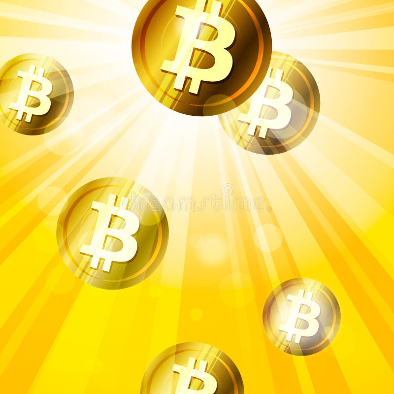 Gouden bitcoins in de heldere gele stralen van zoneffect backgro royalty-vrije illustratie Gouden bitcoins in de heldere gele stralen van zoneffect backgro royalty-vrije illustratie