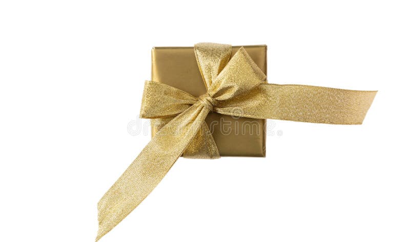 Gouden die giftdoos op witte achtergrond, hoogste mening wordt geïsoleerd stock afbeelding Gouden die giftdoos op witte achtergrond, hoogste mening wordt geïsoleerd stock afbeelding
