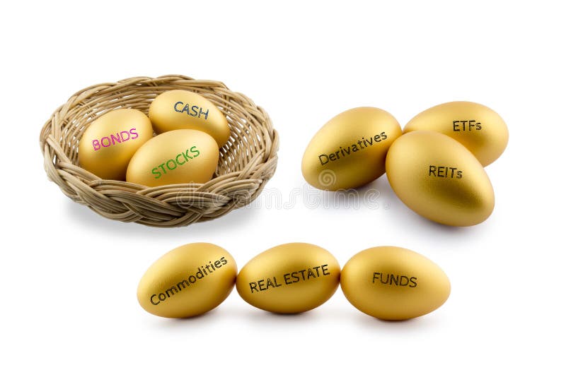 Asset allocation theme, golden eggs with various type of financial and investment products i.e bond, cash, etc. Sustainable portfolio and long term wealth management with risk diversification concept. Asset allocation theme, golden eggs with various type of financial and investment products i.e bond, cash, etc. Sustainable portfolio and long term wealth management with risk diversification concept.