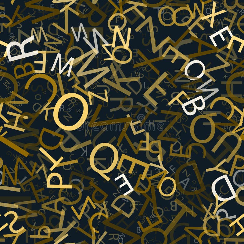 Gouden en zilveren schitter brieven Brieven van het alfabet in willekeurige orde op een zwarte achtergrond Vector naadloos patroo vector illustratie Gouden en zilveren schitter brieven Brieven van het alfabet in willekeurige orde op een zwarte achtergrond Vector naadloos patroo vector illustratie