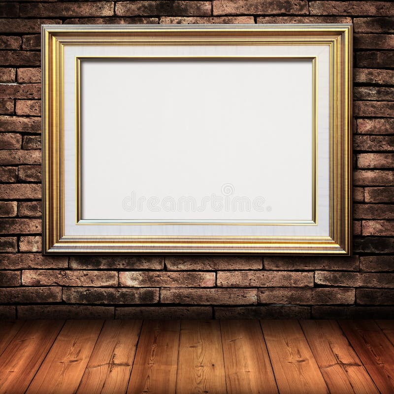 Gouden Frame Op Bakstenen Muur Stock Afbeelding Image of ruimte