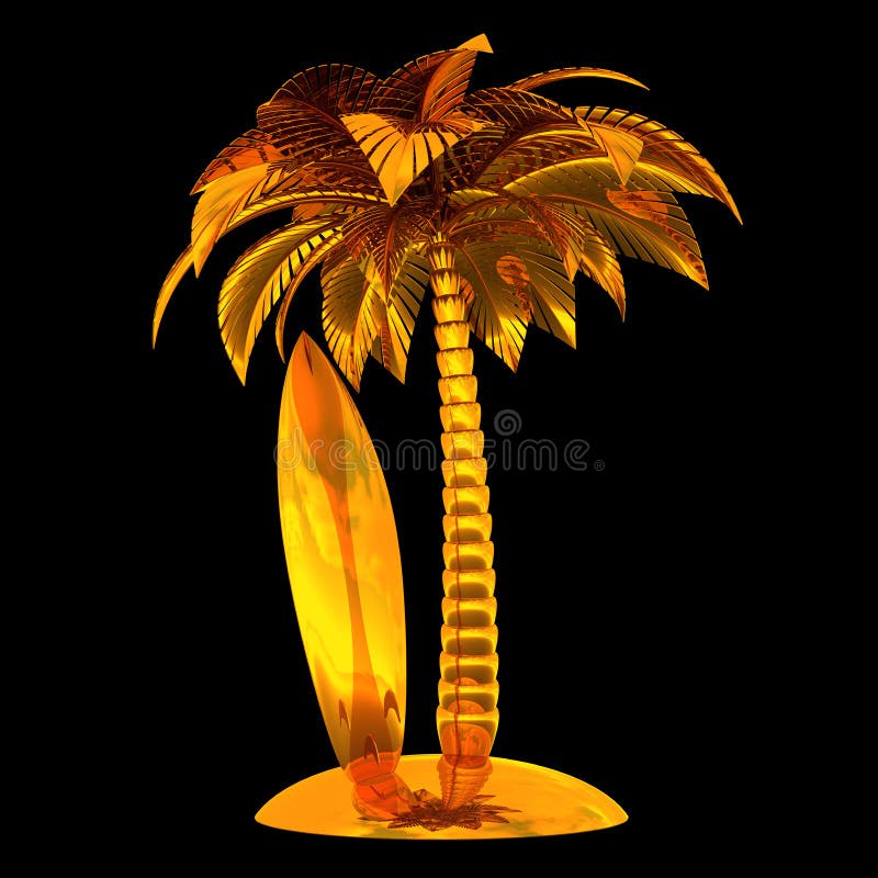 Gouden gestileerd tropisch de surfplankeiland van de palmbranding raad vector illustratie Gouden gestileerd tropisch de surfplankeiland van de palmbranding raad vector illustratie