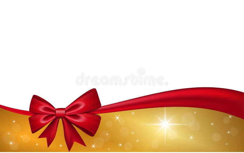Gouden giftkaart met rode lintboog, die op witte achtergrond wordt ge?soleerd Het ontwerp van decoratiesterren voor Kerstmisvakan