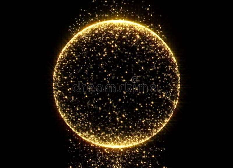 Gouden glittercirkelbol met glitterende lichte glans op zwarte achtergrond. mousserende magische gloeibal van goudshimmering