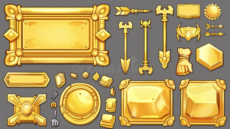 Gold buttons, cartoon menu interface and golden keys on yellow metal boards. Arrows, planks, plaques and arrowheads on a 2d grid for games and art.. AI generated. Gold buttons, cartoon menu interface and golden keys on yellow metal boards. Arrows, planks, plaques and arrowheads on a 2d grid for games and art.. AI generated