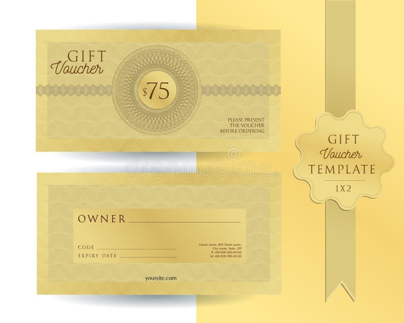 Gouden malplaatje voor de bon van de 75 dollarsgift met guilloche watermerken Tweezijdige coupon met te vullen gebieden De beeldv royalty-vrije stock afbeelding Gouden malplaatje voor de bon van de 75 dollarsgift met guilloche watermerken Tweezijdige coupon met te vullen gebieden De beeldv royalty-vrije stock afbeelding