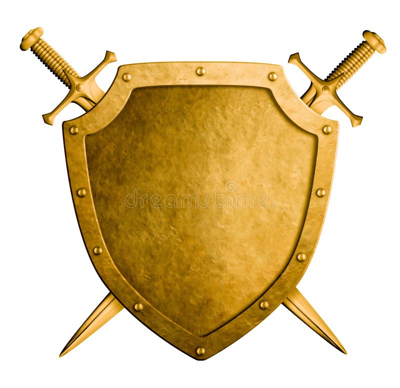 Gouden middeleeuws geïsoleerd wapenschildschild en twee zwaarden