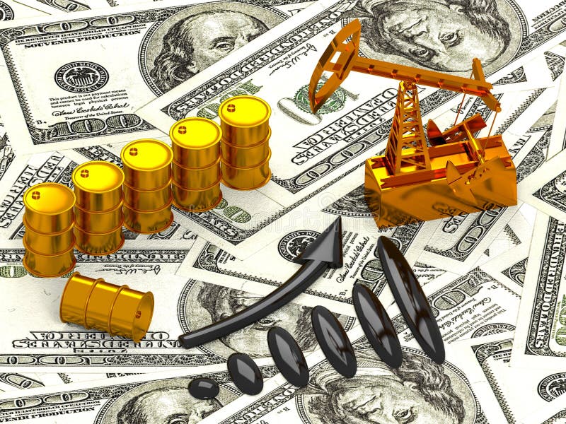 Golden pump jack and spilled oil on the money. 3D Scene. Golden pump jack and spilled oil on the money. 3D Scene.