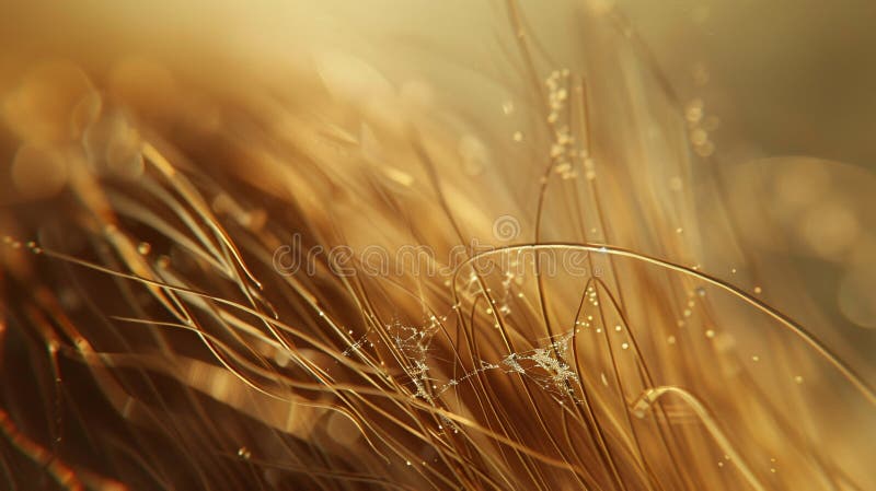 A warm, golden macro image capturing delicate fibers interlaced with sparkling dewdrops, conveying a sense of natural elegance. A warm, golden macro image capturing delicate fibers interlaced with sparkling dewdrops, conveying a sense of natural elegance