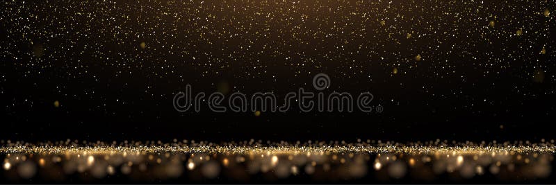 Goudglitter en glanzende gouden regen op zwarte achtergrond Vector horizontale luxe achtergrond