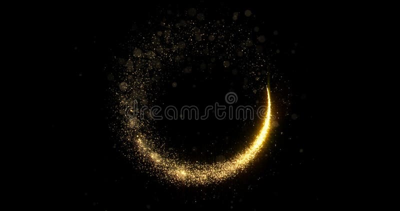 Goudglittercirkel van licht schitterende enkels en gouden vonkdeeltjes spinnen op zwarte achtergrond Kerstmagische sterren gloeie