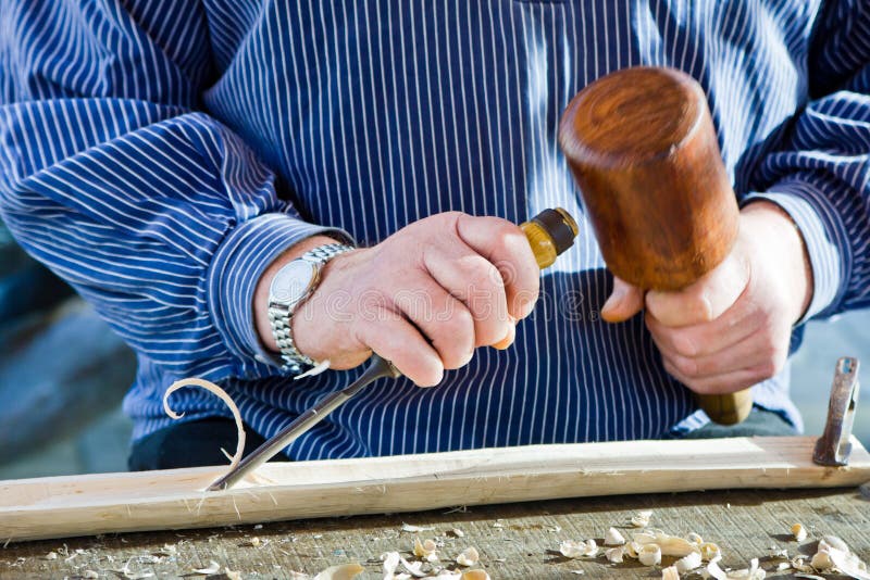 Gouge Wood Chisel Carpenter Tool Hammer Hand Stock Image - Image of ...