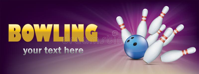 Purple bowling banner with blue ball and white pins. Purple bowling banner with blue ball and white pins.