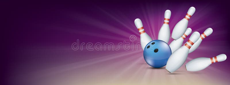 Purple bowling banner with blue ball and white pins. Purple bowling banner with blue ball and white pins.