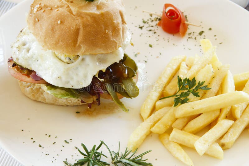 Gourmet Burger and Chips in a Garnsihed Plate Stock Photo Image of