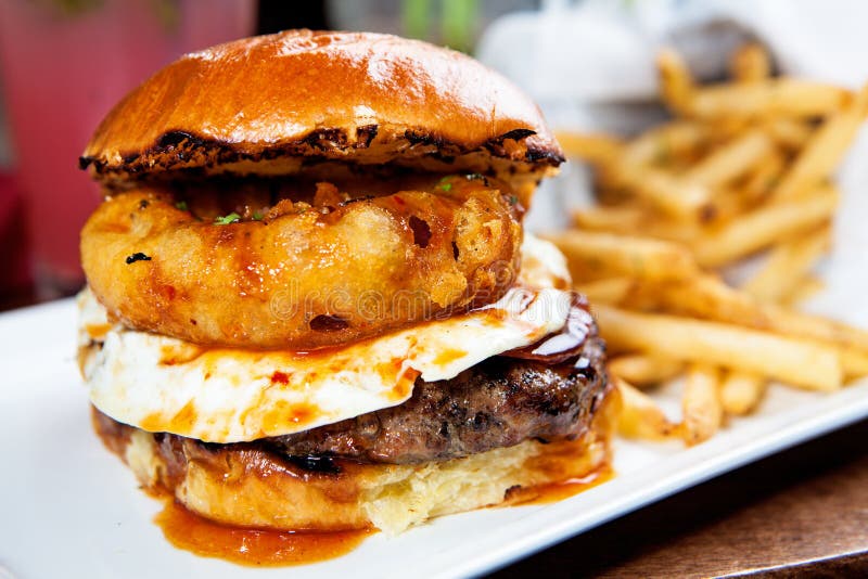 Gourmet Burger With Fried Egg and Onion Ring