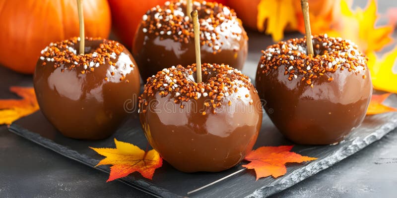Gourmet Chocolate Caramel Apples with Sprinkles Autumnal Treats Fall Harvest vektor illustrationer