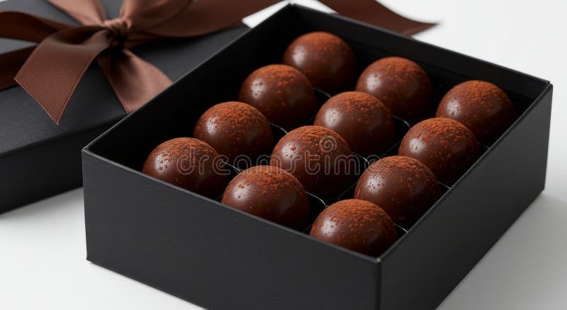 Boîte Cadeau de Truffes au Chocolat Gourmet Douze délicieuses truffes au chocolat noir disposées dans une élégante boîte cadeau no illustration de vecteur