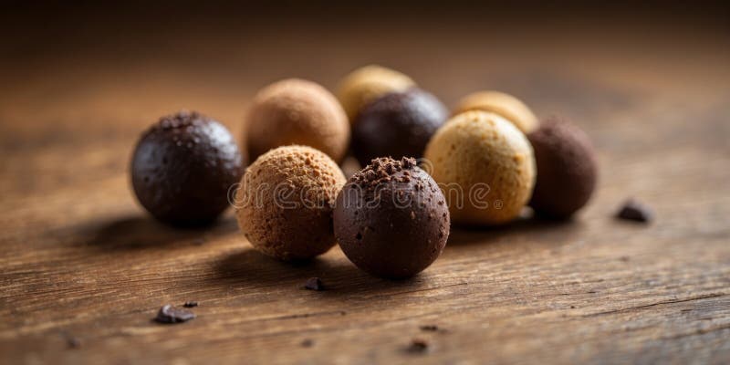 Gourmet chocolate truffles with assorted coatings on wooden surface. royalty free stock photography