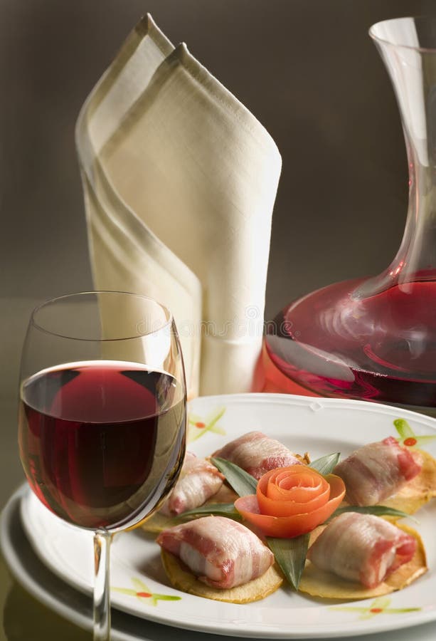 Gourmet Dinner with a Glass of Red Wine Stock Photo - Image of carafe