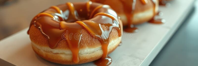 Gourmet donuts med karamelldrizzel som serveras på en minimalistisk platta vid en modern dessert cafe arkivfoto
