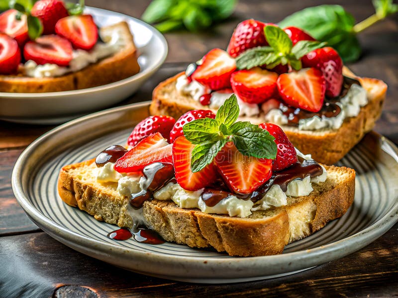 Gourmet Erdbeeren und Cremekäse Toast mit Schokoladenbrötchen. Elegantes Frühstück. Köstlicher Hintergrund vektor abbildung
