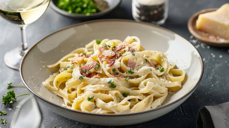 Gourmet fettuccine carbonara : Velvety Eigelb Sauce mit Pecorino romano Käse lizenzfreie abbildung