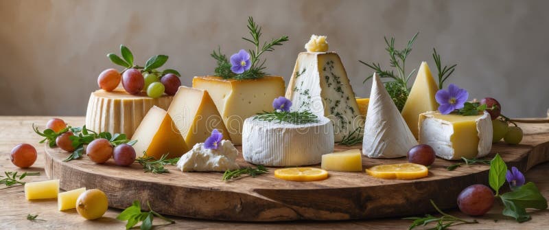 Gourmet Goat Cheese Selection on Rustic Wooden Board. stock image