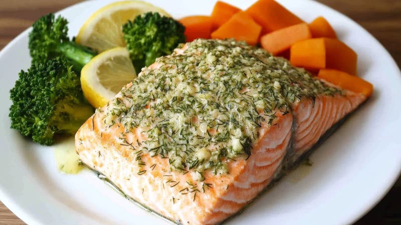 Gourmet Kräuterkruste Lachs mit Zitronensauce und gedämpftes Gemüse auf elegantem Teller vektor abbildung