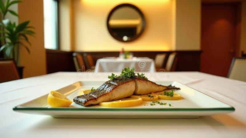 Gourmet pan-seared fish dish with lemon garnish on a rectangular plate in an upscale dining setting. Generative AI vector illustration