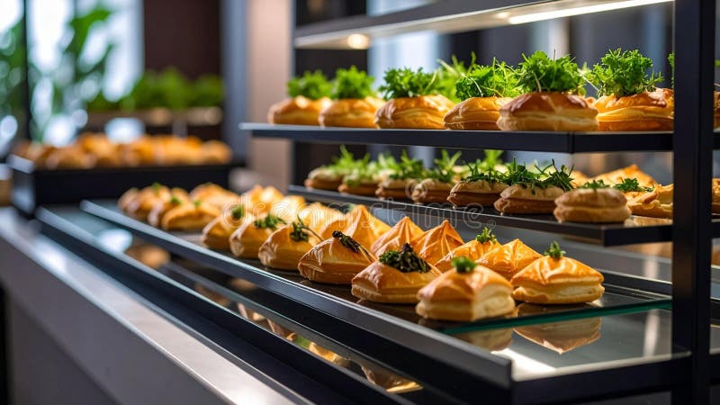 Gourmet pastries and appetizers arranged on a buffet display for catering events stock photo
