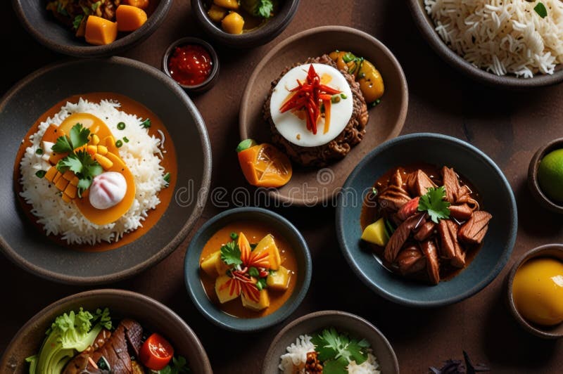 Gourmet peruanska diskar i stilized overhead view modern kulinary presentation ai genererad stock illustrationer