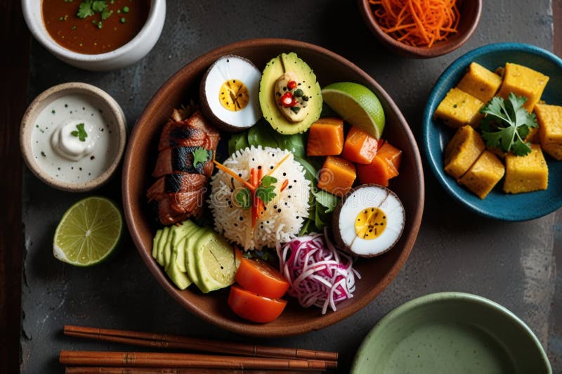 Gourmet peruanska diskar i stilized overhead view modern kulinary presentation ai genererad stock illustrationer
