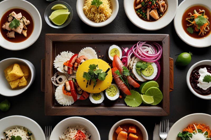 Gourmet peruanska diskar i stilized overhead view modern kulinary presentation ai genererad vektor illustrationer