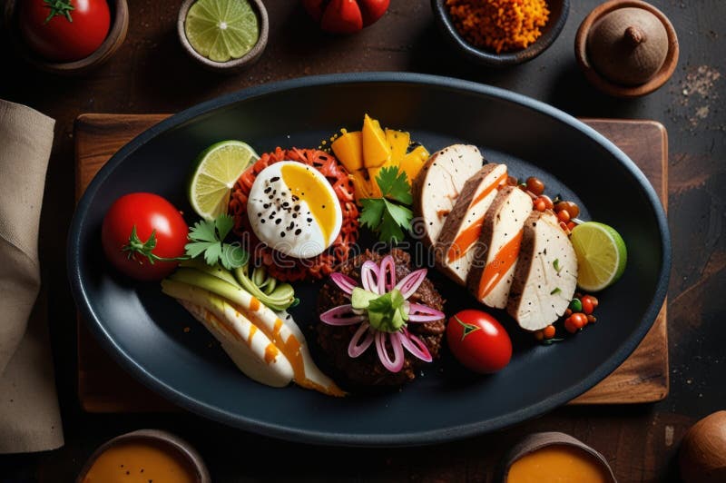 Gourmet peruanska diskar i stilized overhead view modern kulinary presentation ai genererad royaltyfri illustrationer