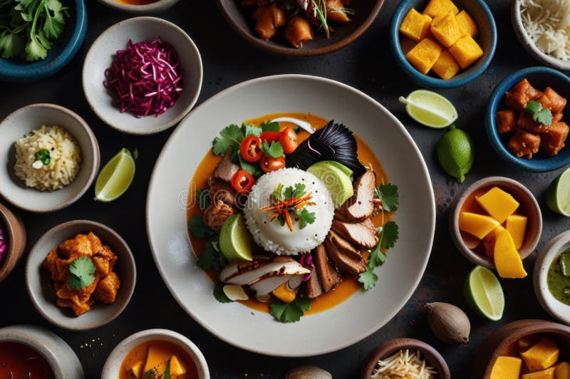 Gourmet peruanska diskar i stilized overhead view modern kulinary presentation ai genererad royaltyfri illustrationer