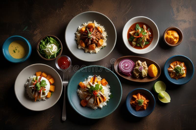 Gourmet peruanska diskar i stilized overhead view modern kulinary presentation ai genererad vektor illustrationer