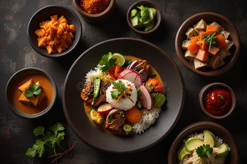 Gourmet peruanska diskar i stilized overhead view modern kulinary presentation ai genererad royaltyfri illustrationer