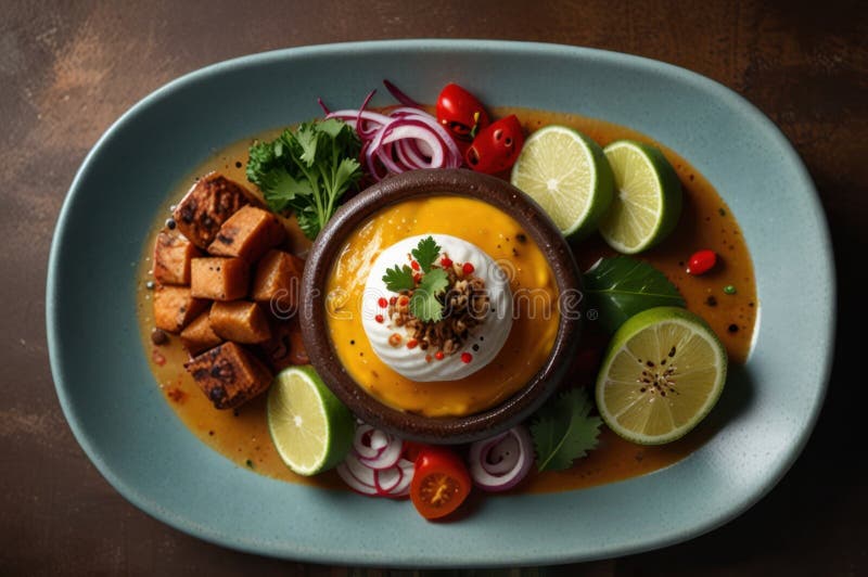 Gourmet peruanska diskar i stilized overhead view modern kulinary presentation ai genererad royaltyfri illustrationer