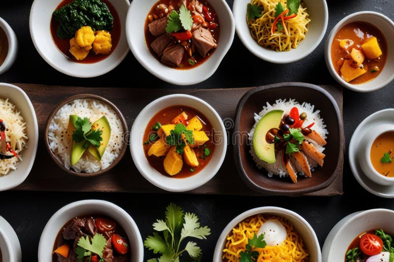 Gourmet peruanska diskar i stilized overhead view modern kulinary presentation ai genererad royaltyfri illustrationer