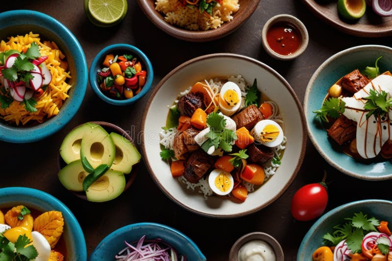 Gourmet peruanska diskar i stilized overhead view modern kulinary presentation ai genererad vektor illustrationer