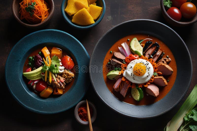 Gourmet peruanska diskar i stilized overhead view modern kulinary presentation ai genererad royaltyfri illustrationer