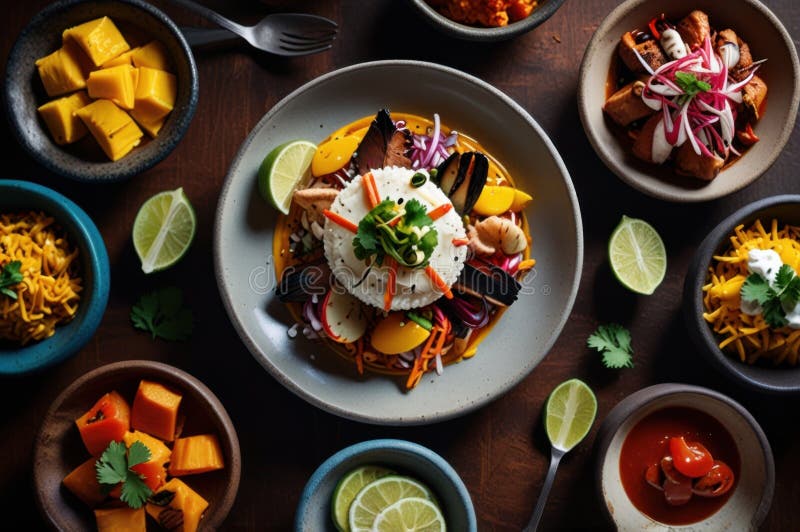 Gourmet peruanska diskar i stilized overhead view modern kulinary presentation ai genererad stock illustrationer