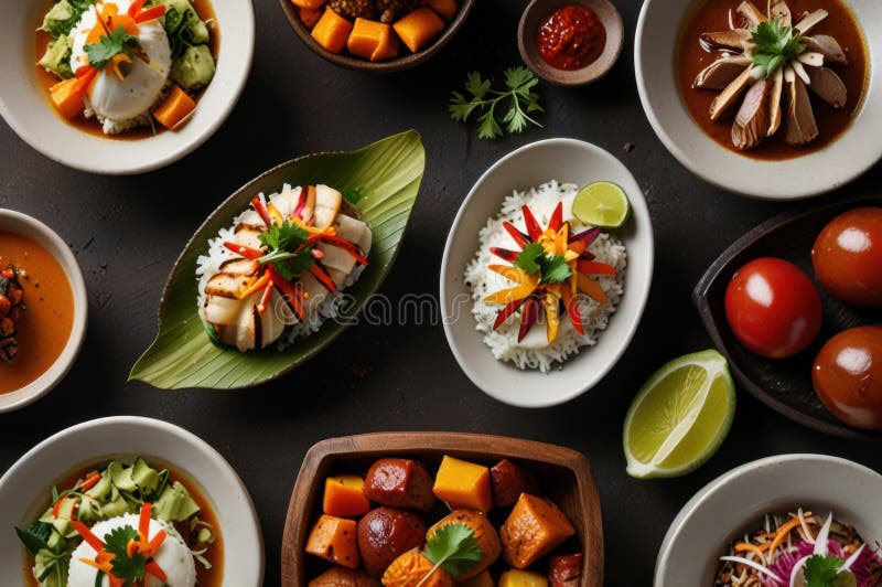 Gourmet peruanska diskar i stilized overhead view modern kulinary presentation ai genererad royaltyfri illustrationer