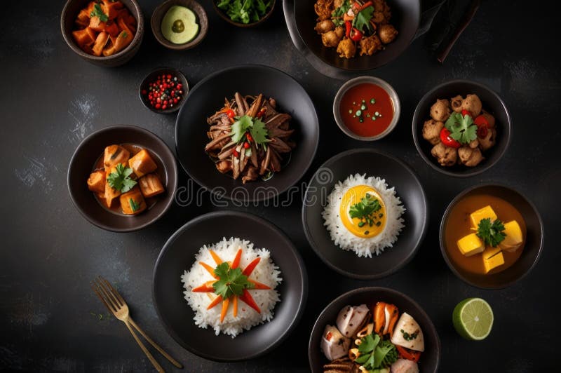 Gourmet peruanska diskar i stilized overhead view modern kulinary presentation ai genererad vektor illustrationer