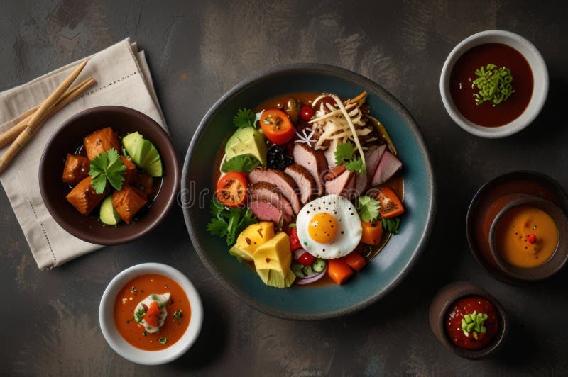 Gourmet peruanska diskar i stilized overhead view modern kulinary presentation ai genererad stock illustrationer