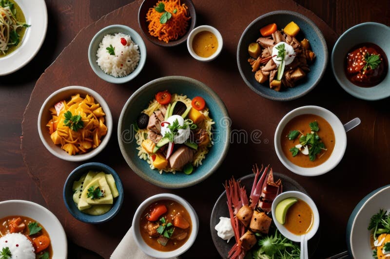 Gourmet peruanska diskar i stilized overhead view modern kulinary presentation ai genererad stock illustrationer