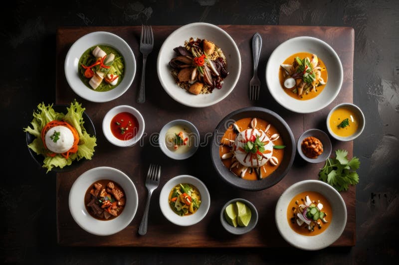 Gourmet peruanska diskar i stilized overhead view modern kulinary presentation ai genererad royaltyfri illustrationer