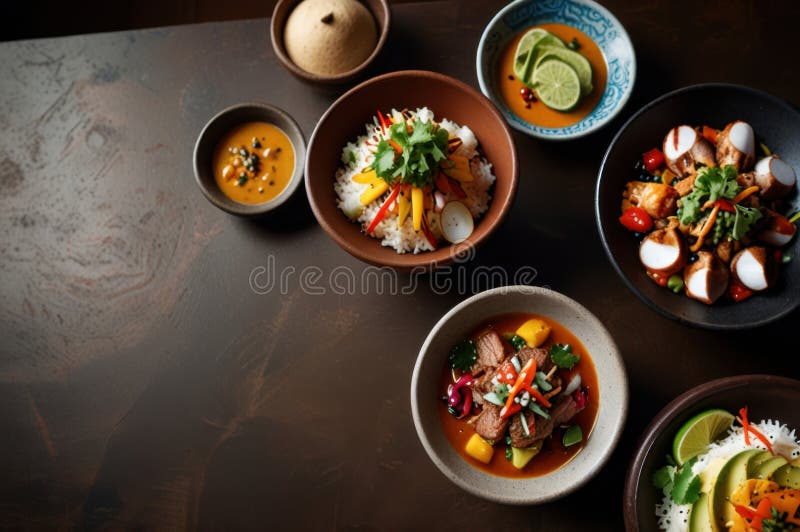 Gourmet peruanska diskar i stilized overhead view modern kulinary presentation ai genererad royaltyfri illustrationer